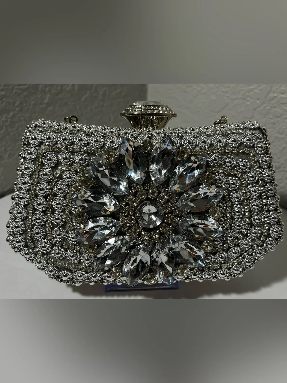 Silver-Tone Rhinestone Embellished Evening Clutch Bag Wedding Prom Formal purse
